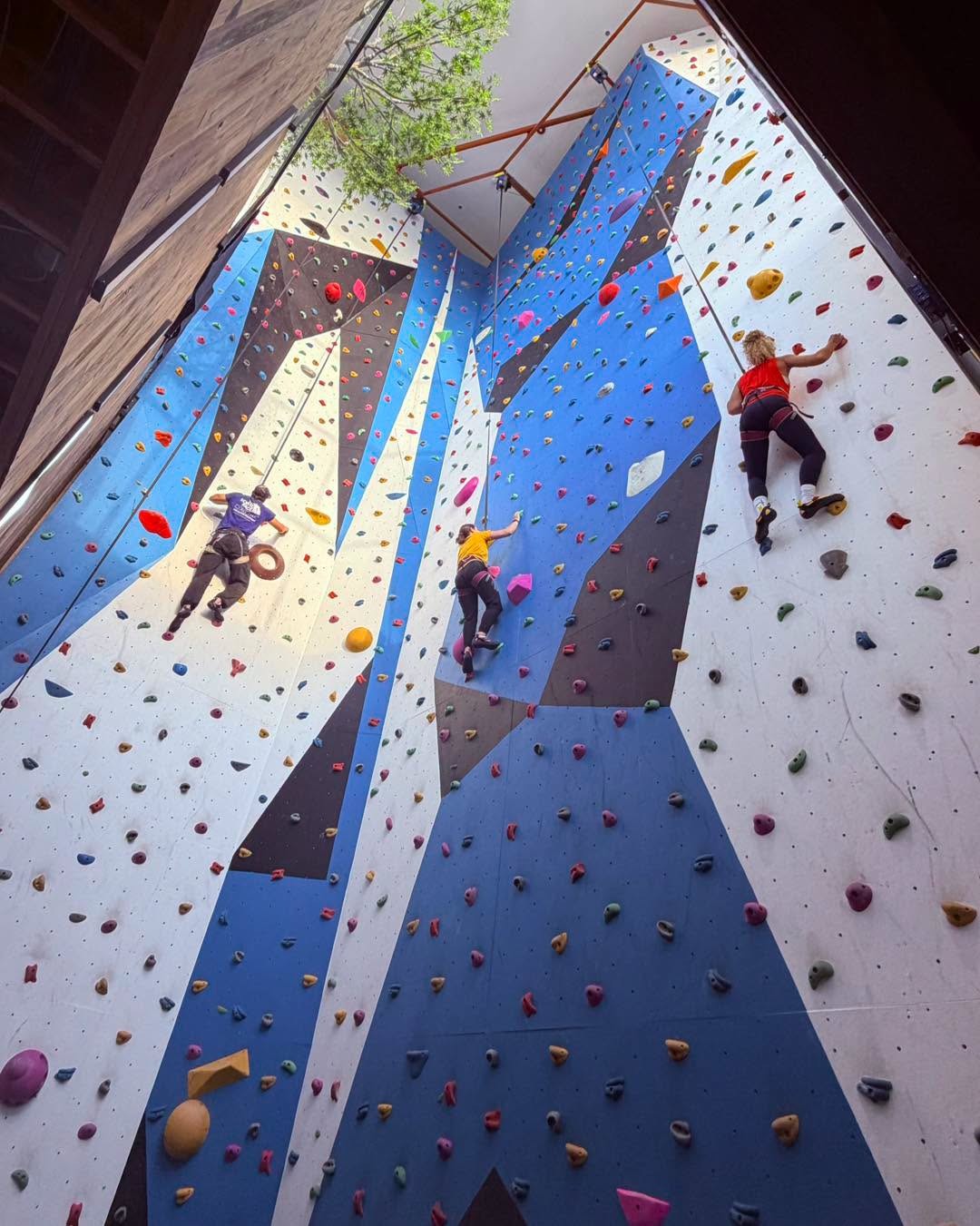 Climbers on the blue and white walls at Mt. Wrigley
