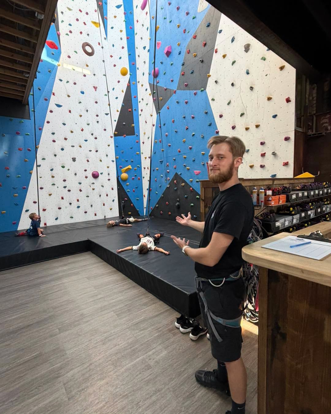 Climbing wall, gear counter, and interior of Mt. Wrigley